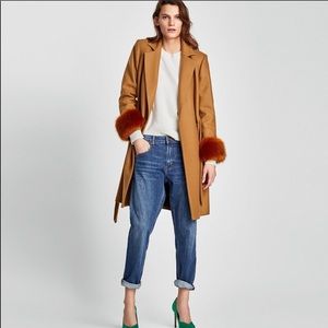 Zara Camel Coat With Removable Faux Fur Cuffs